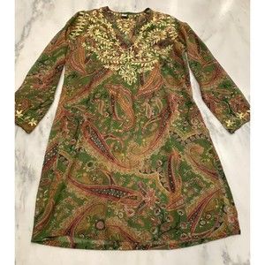 Raj Boho Floral Embroidered 100% Silk Tunic Dress Kaftan Green SZ S